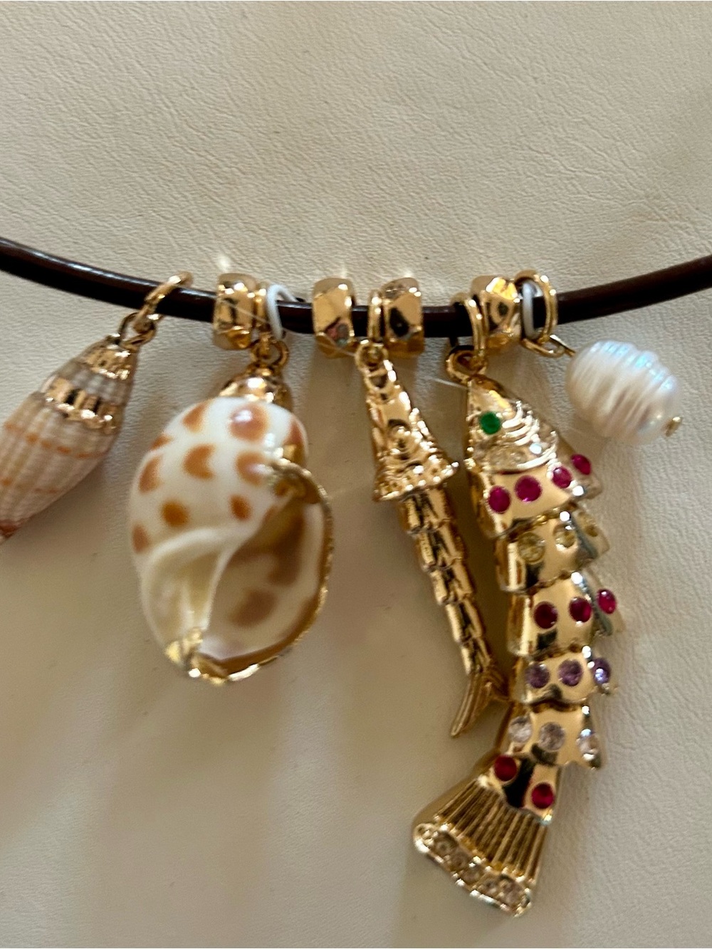 Atterri Coastal Chic Leather Necklace - Brown with Gold & Pearl Accents - Picture 3 of 13
